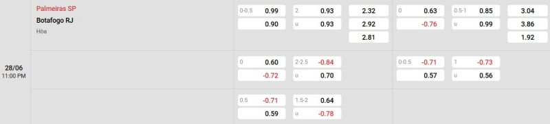Bảng tỷ lệ kèo trận đấu giữa Palmeiras vs Botafogo